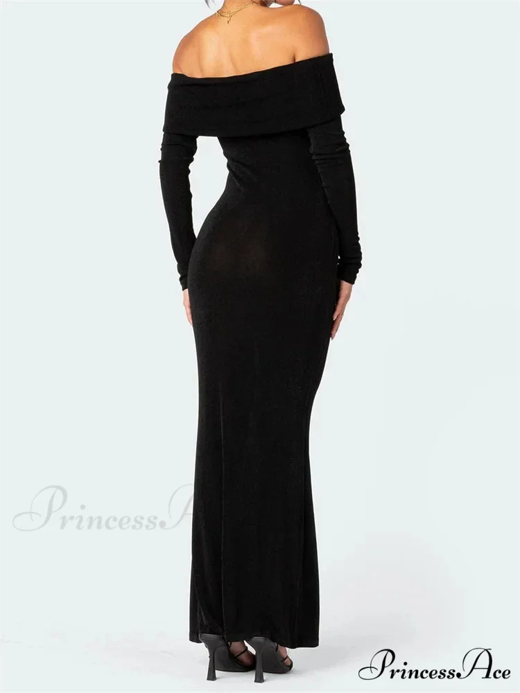 Elegant Women Slash Neck Off Shoulder Bodycon Black Solid Sleeve Party Formal Female Vestidos - Image 4