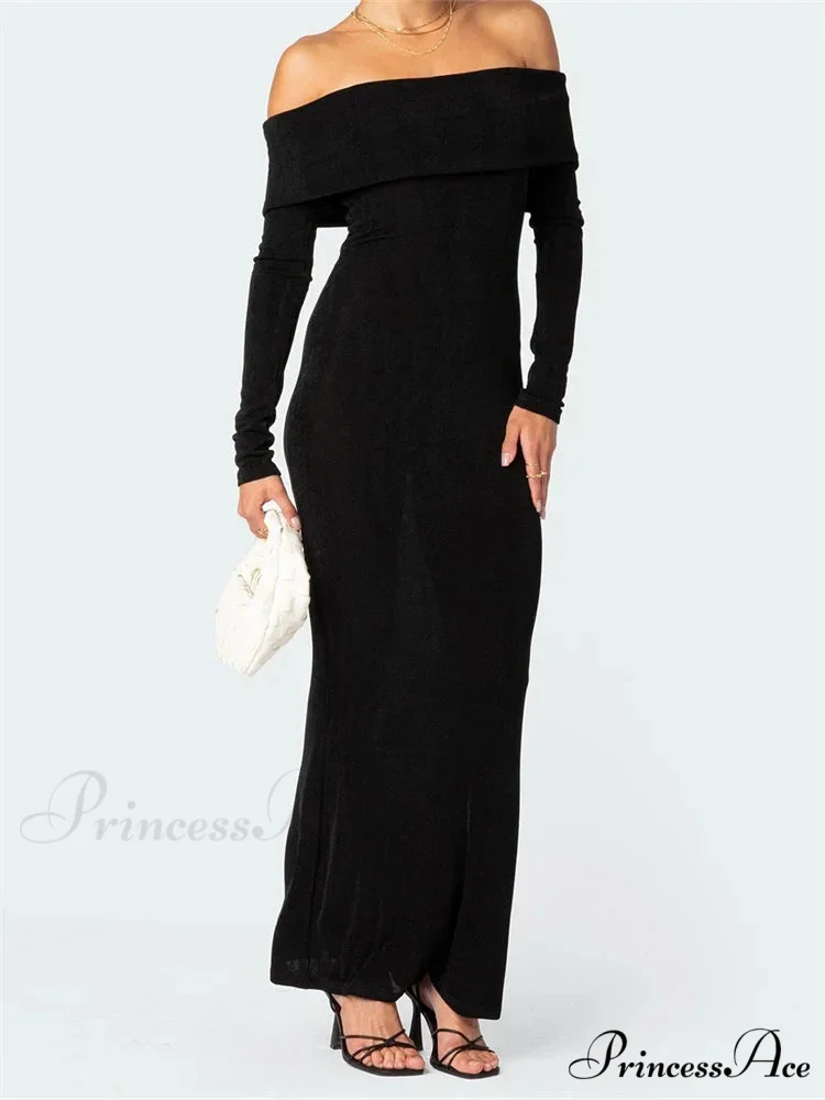 Elegant Women Slash Neck Off Shoulder Bodycon Black Solid Sleeve Party Formal Female Vestidos - Image 5