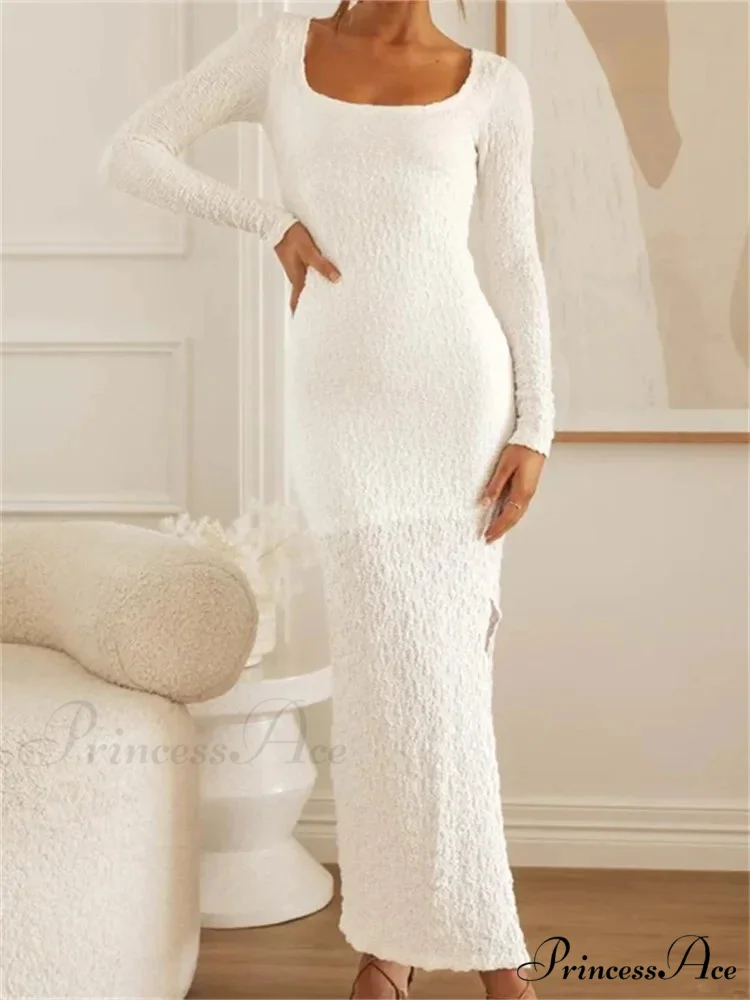 Elegant Women Sleeve Ruched Round Neck Low Cut Side High Split White Party Female Vestidos - Image 6