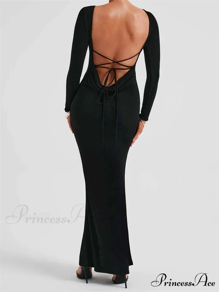 Elegant Women Party Backless Criss-cross Tie-up Bodycon Formal Club Sleeve Solid Female Vestido - Image 3