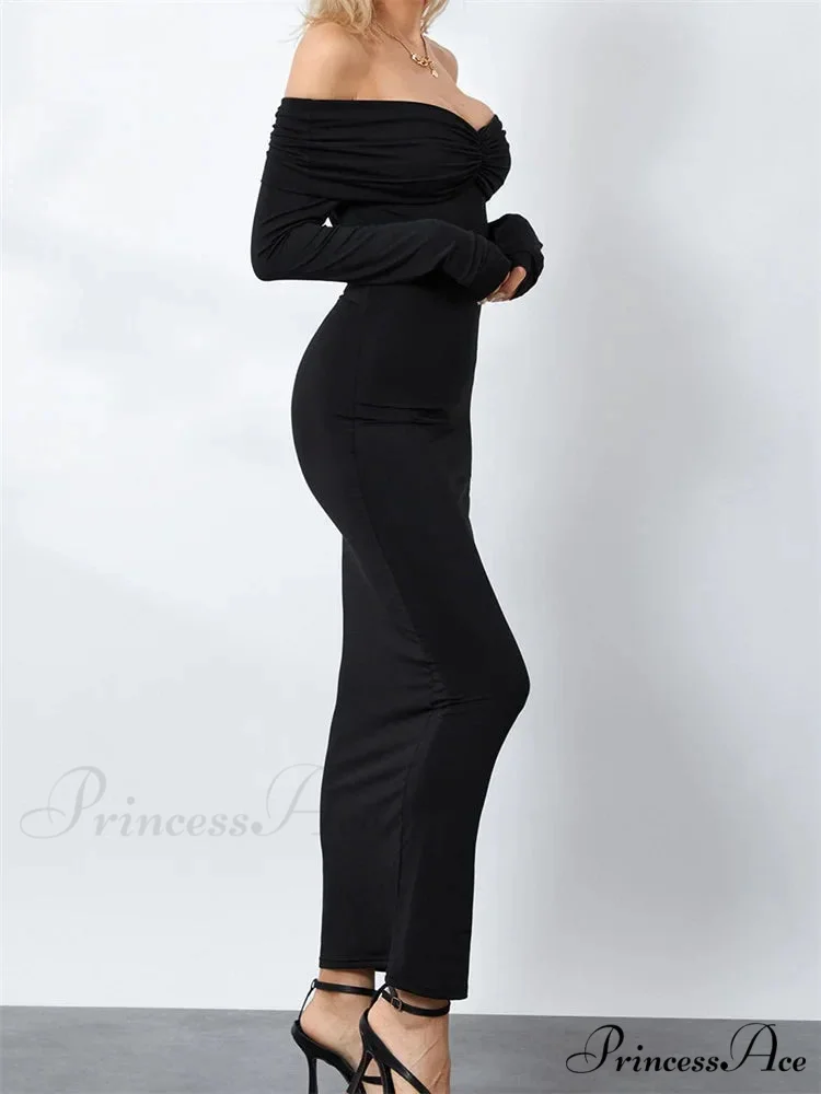 Women Ruched Slash Neck Off-shoulder Sleeve Solid Slim Fit Bodycon Cocktail Party Vestidos - Image 2