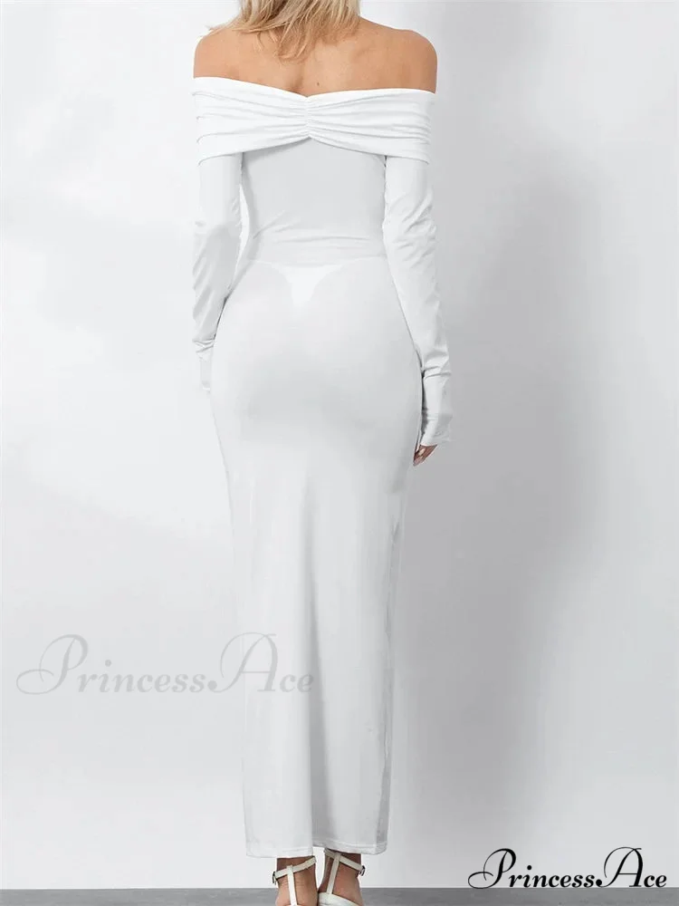 Women Ruched Slash Neck Off-shoulder Sleeve Solid Slim Fit Bodycon Cocktail Party Vestidos - Image 6