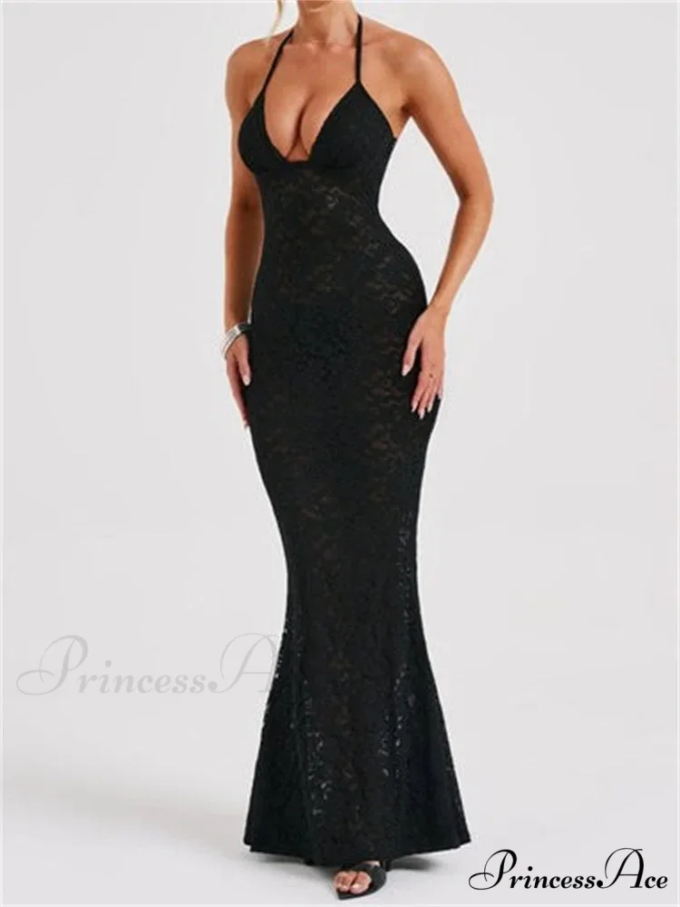 Sexy Women Lace Sexy Mesh See Through Summer Off Shoulder V-neck Halter Black Beach Female Vestidos - Image 2