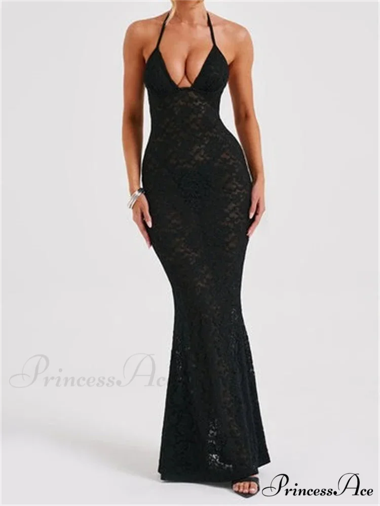 Sexy Women Lace Sexy Mesh See Through Summer Off Shoulder V-neck Halter Black Beach Female Vestidos - Image 4