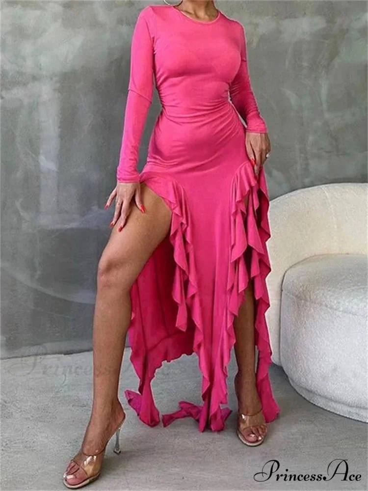 Women Bodycon Fashion Sleeve Solid Color High Split Ruffles Ruched Party Female Vestidos - Image 5