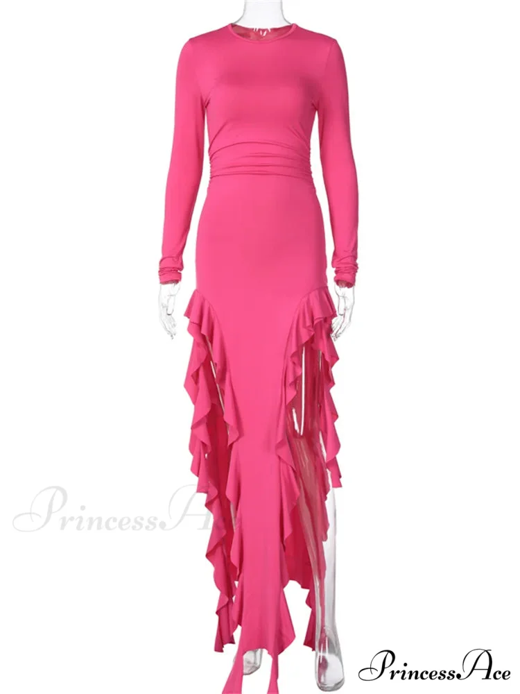 Women Bodycon Fashion Sleeve Solid Color High Split Ruffles Ruched Party Female Vestidos - Image 6