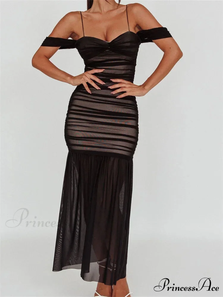 Women Mesh Sheer See Through Low Cut Off Shoulder Strap Backless Ruched Summer Party Vestidos - Image 2