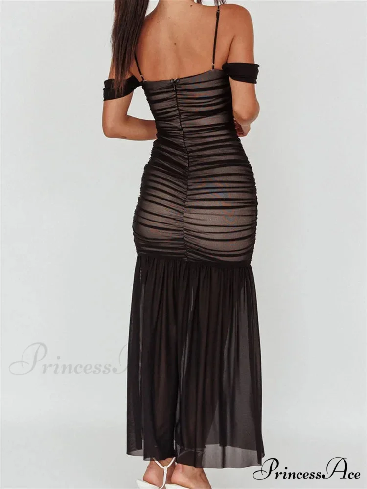 Women Mesh Sheer See Through Low Cut Off Shoulder Strap Backless Ruched Summer Party Vestidos - Image 3