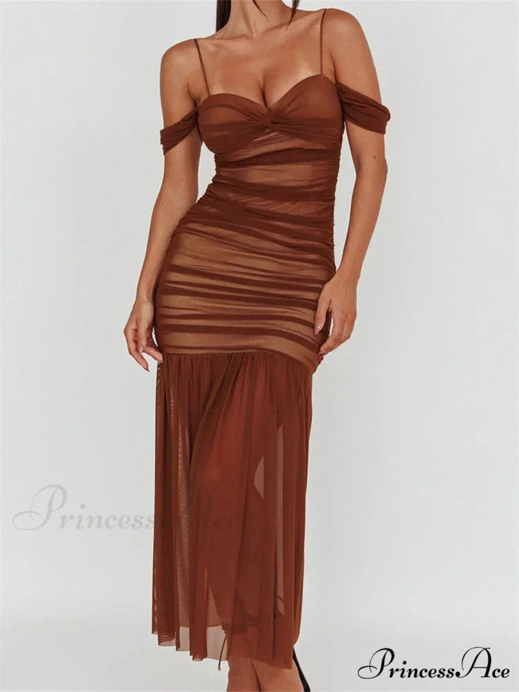 Women Mesh Sheer See Through Low Cut Off Shoulder Strap Backless Ruched Summer Party Vestidos - Image 5