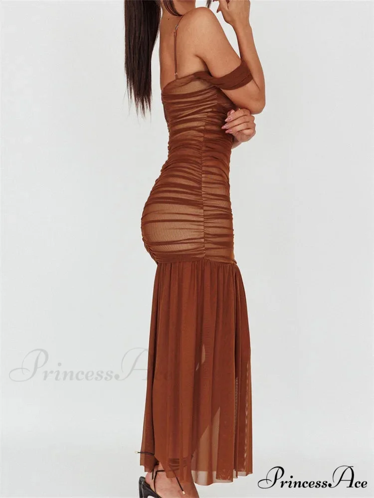 Women Mesh Sheer See Through Low Cut Off Shoulder Strap Backless Ruched Summer Party Vestidos - Image 6