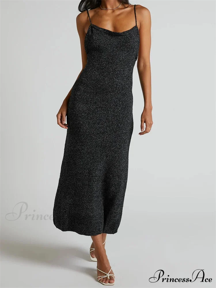 Sexy Women Knitted Summer Solid Color Sleeveless Spaghetti Strap Low Cut O-neck Backless Vestidos - Image 2