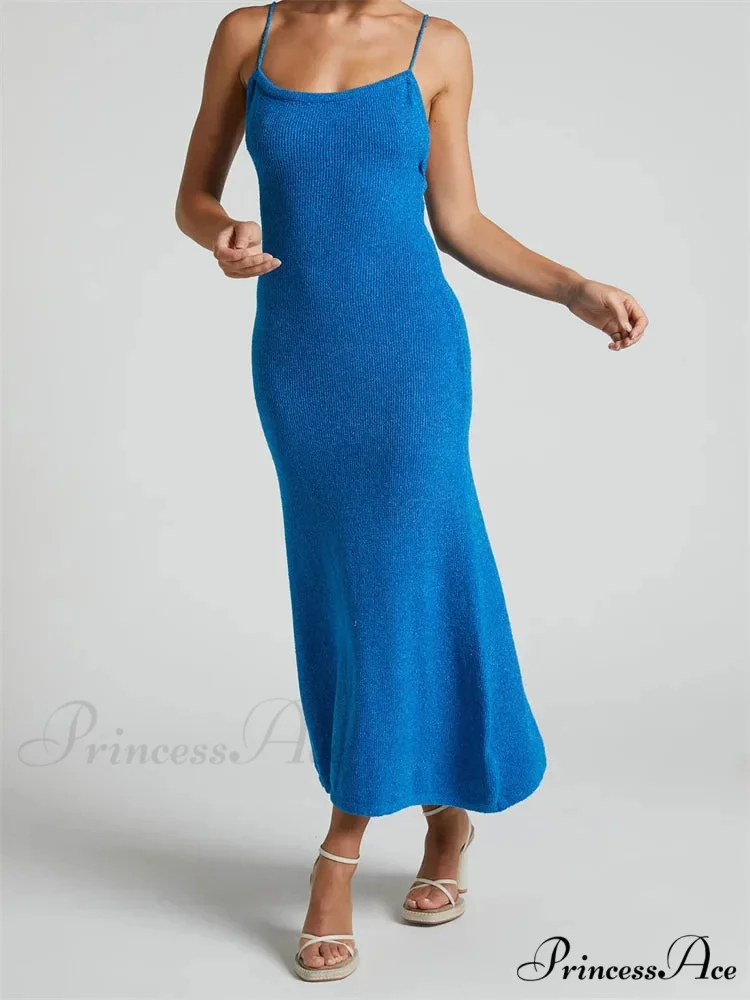 Sexy Women Knitted Summer Solid Color Sleeveless Spaghetti Strap Low Cut O-neck Backless Vestidos - Image 3