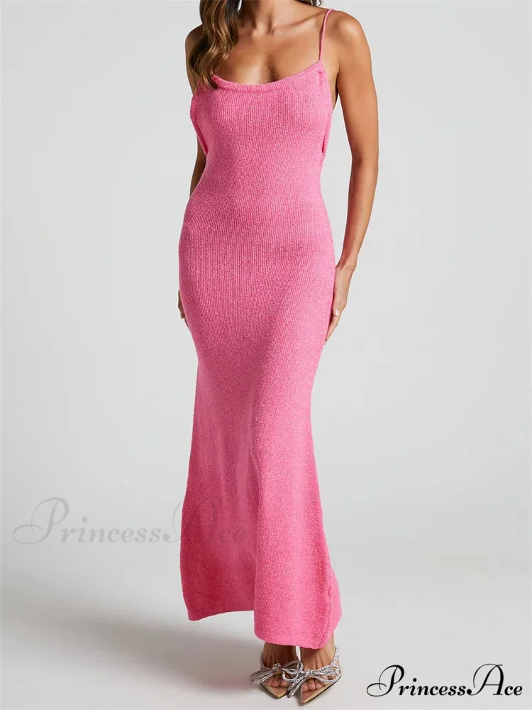 Sexy Women Knitted Summer Solid Color Sleeveless Spaghetti Strap Low Cut O-neck Backless Vestidos - Image 4