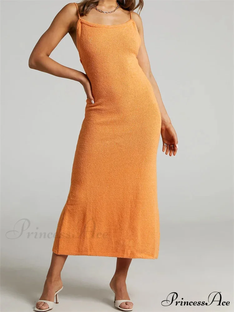 Sexy Women Knitted Summer Solid Color Sleeveless Spaghetti Strap Low Cut O-neck Backless Vestidos - Image 5