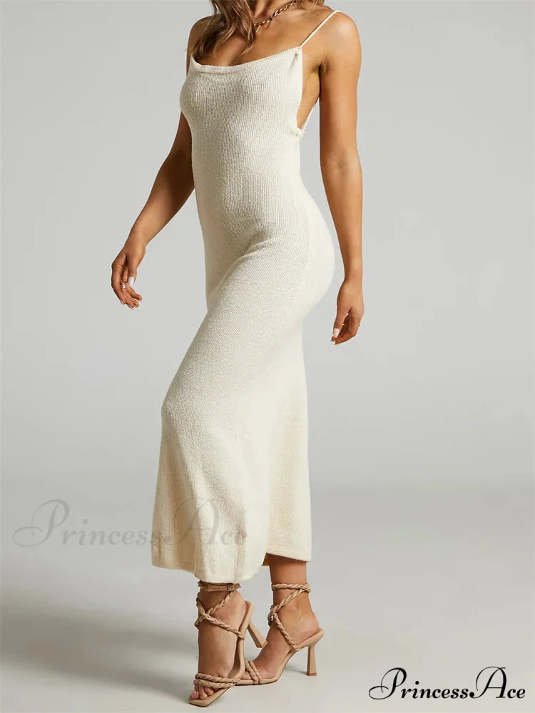 Sexy Women Knitted Summer Solid Color Sleeveless Spaghetti Strap Low Cut O-neck Backless Vestidos - Image 6