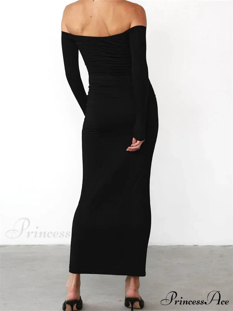 Women Elegant Slash Neck Off-shoulder Solid Color Slim Fit Fall Cocktail Party Female Vestidos - Image 4