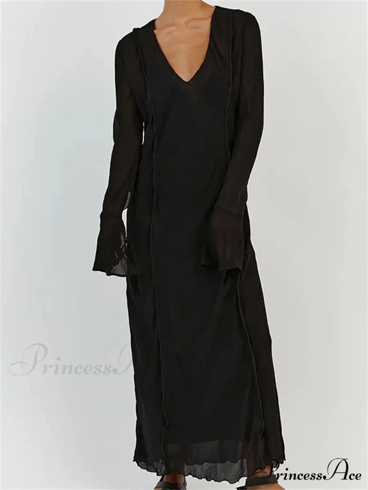 Women Sleeve Loose Casual V Neck Mesh See Through Party Beach Cocktail Club Vestidos Streetwear - Image 4