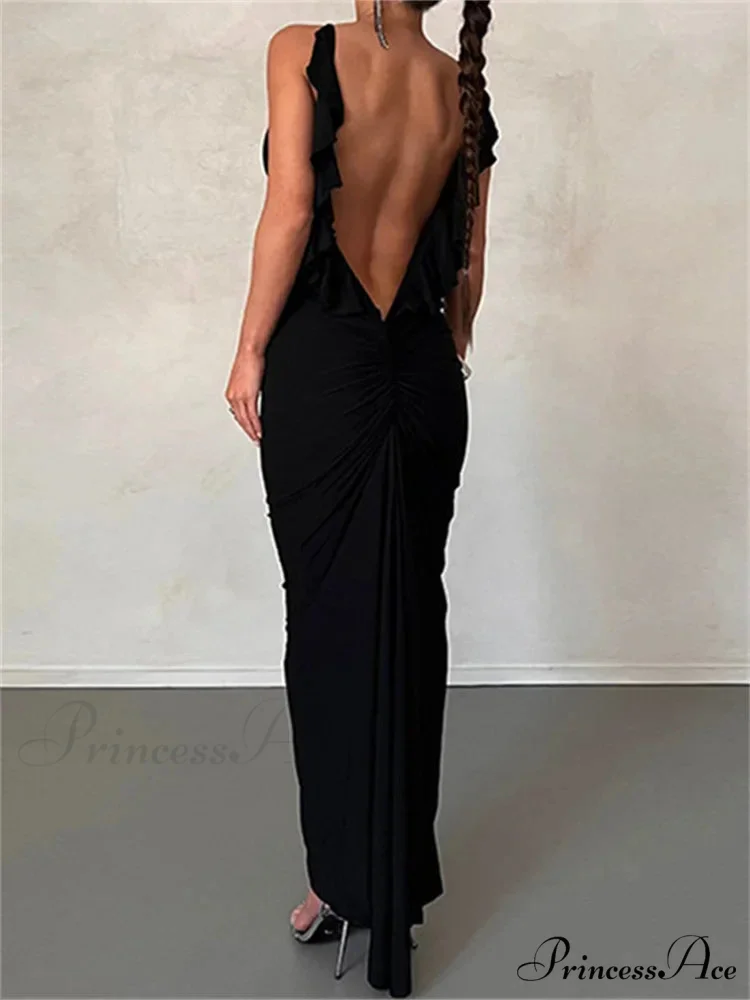 Women Sexy Spaghetti Strap Backless Bodycon V-neck Ruffles Ruched Party Evening Clubwear Vestidos - Image 3