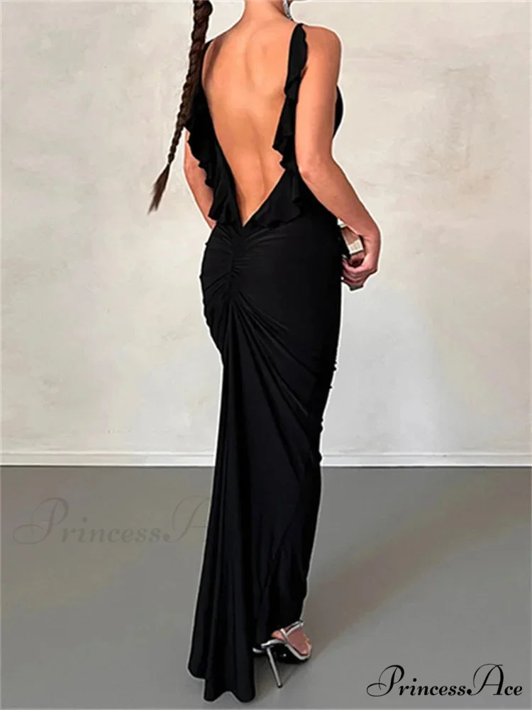 Women Sexy Spaghetti Strap Backless Bodycon V-neck Ruffles Ruched Party Evening Clubwear Vestidos - Image 4