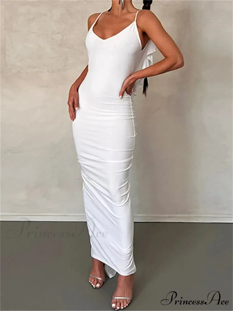Women Sexy Spaghetti Strap Backless Bodycon V-neck Ruffles Ruched Party Evening Clubwear Vestidos - Image 5