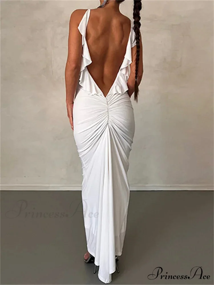 Women Sexy Spaghetti Strap Backless Bodycon V-neck Ruffles Ruched Party Evening Clubwear Vestidos - Image 6