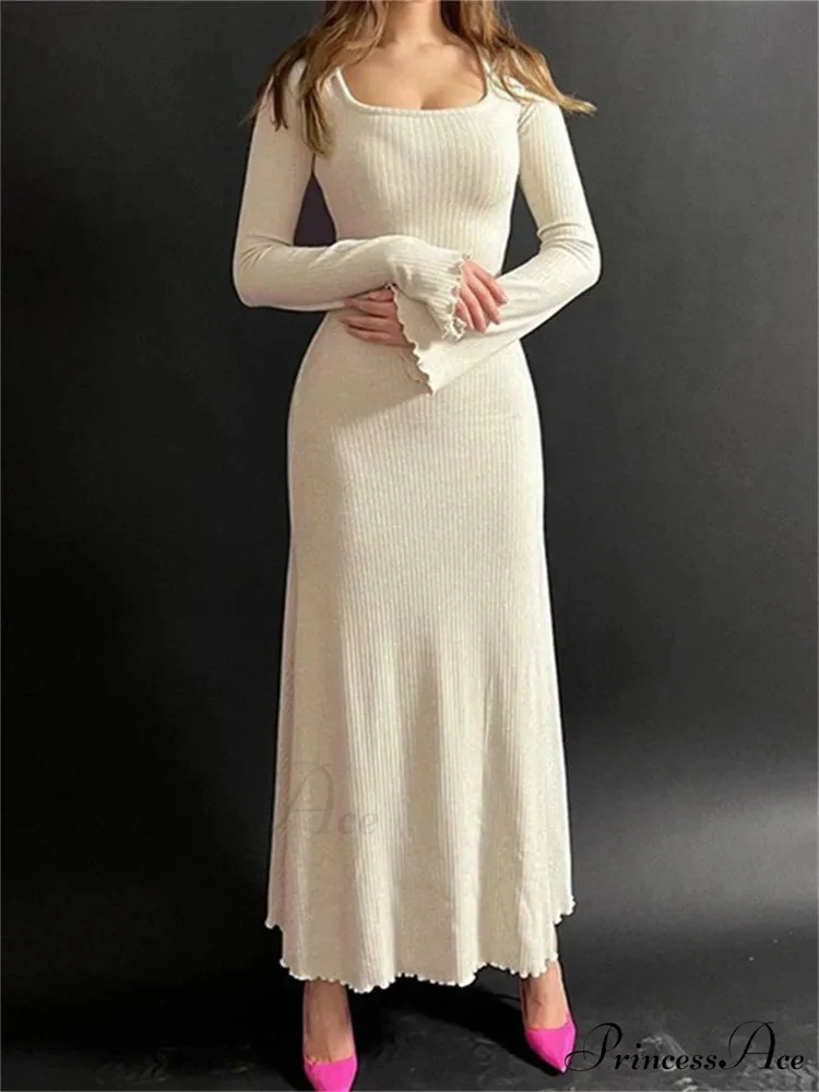 Elegant Women Ribbed Sleeve Square Neck Solid Slim Fit Fall Party Vestido Streetwear - Image 2