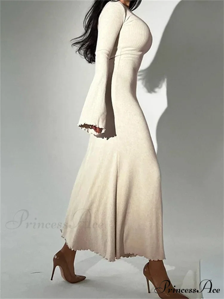 Elegant Women Ribbed Sleeve Square Neck Solid Slim Fit Fall Party Vestido Streetwear - Image 3