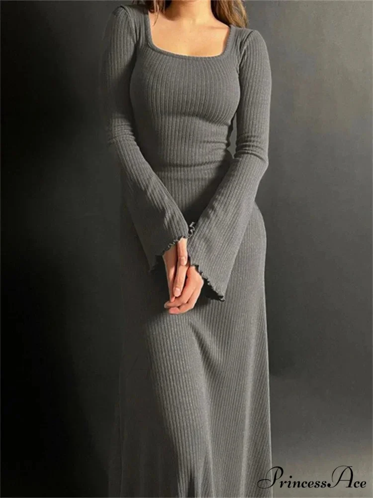 Elegant Women Ribbed Sleeve Square Neck Solid Slim Fit Fall Party Vestido Streetwear - Image 4