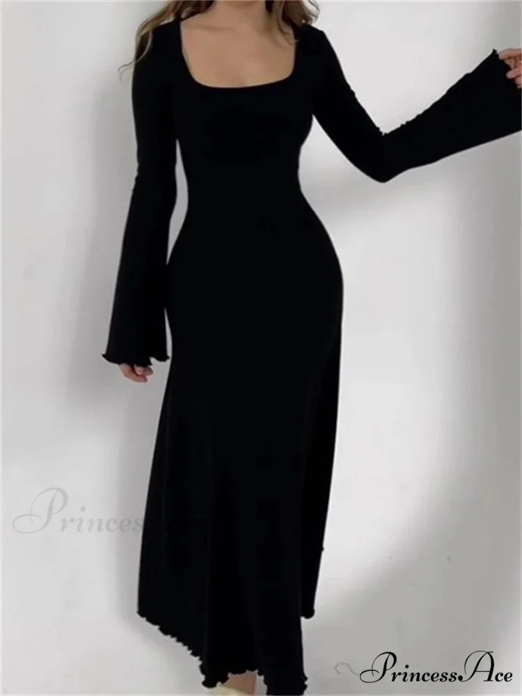 Elegant Women Ribbed Sleeve Square Neck Solid Slim Fit Fall Party Vestido Streetwear - Image 6
