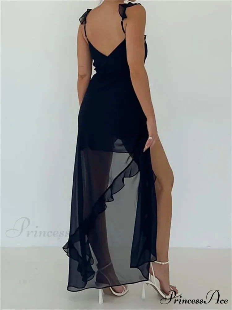 Women Sleeveless Ruffles Solid Color V Neck Casual High Split Party for Cocktail Summer Streetwear - Image 2