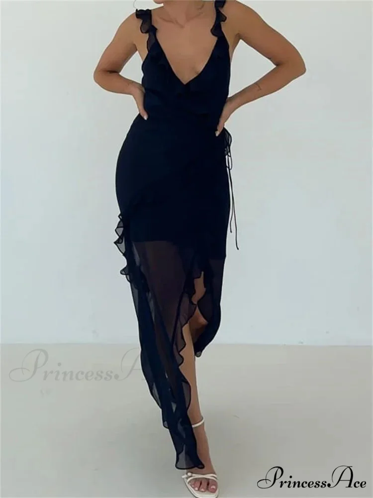 Women Sleeveless Ruffles Solid Color V Neck Casual High Split Party for Cocktail Summer Streetwear - Image 4
