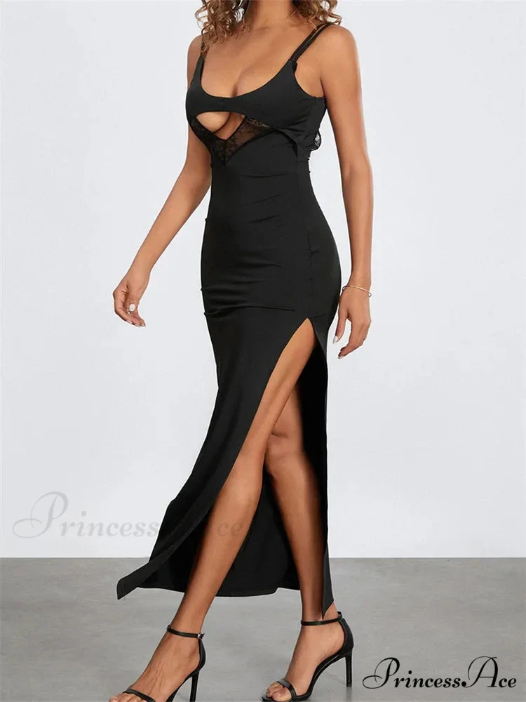 Sexy Women Summer Slim Sleeveless Lace Patchwork Low Cut Cutout Side High Split Summer Party Vestido - Image 2