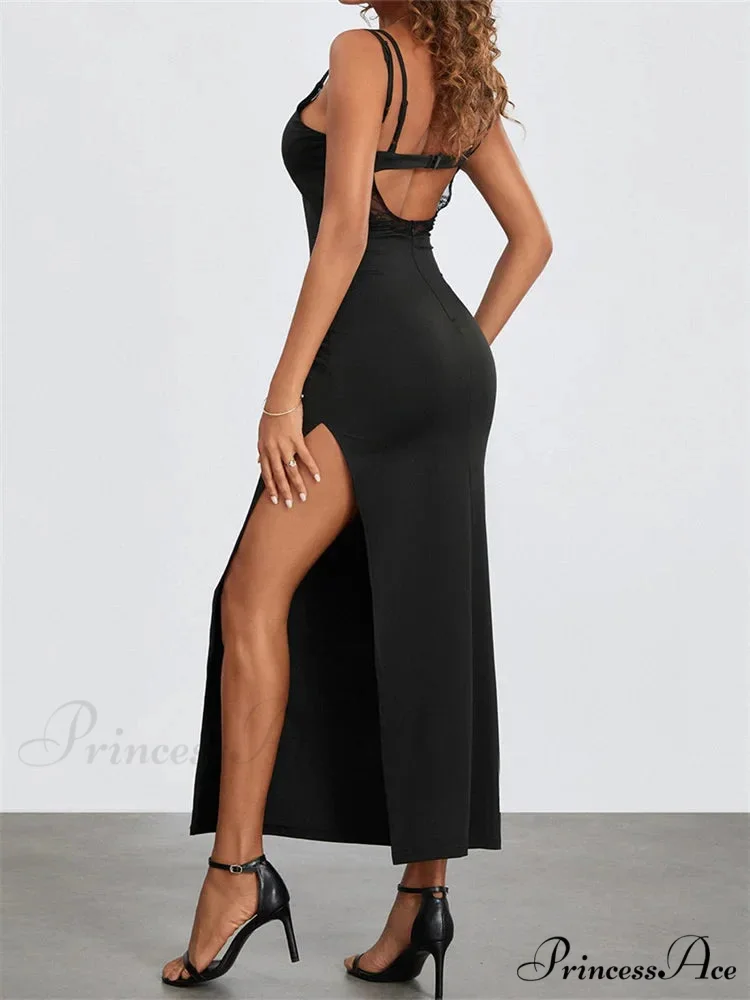 Sexy Women Summer Slim Sleeveless Lace Patchwork Low Cut Cutout Side High Split Summer Party Vestido - Image 3