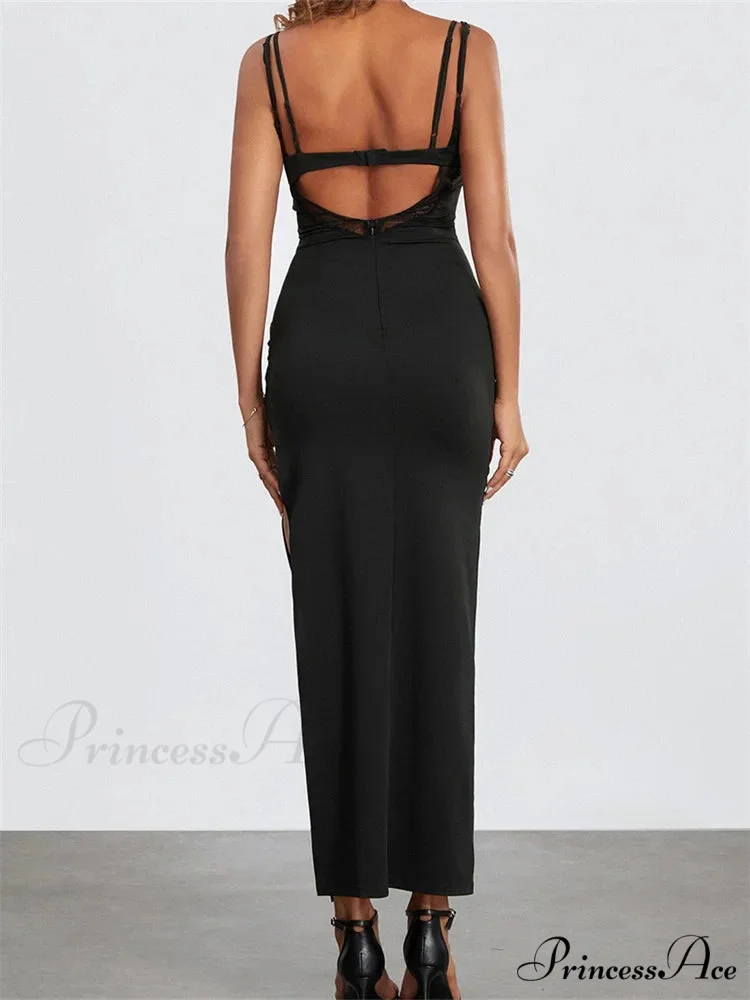 Sexy Women Summer Slim Sleeveless Lace Patchwork Low Cut Cutout Side High Split Summer Party Vestido - Image 4