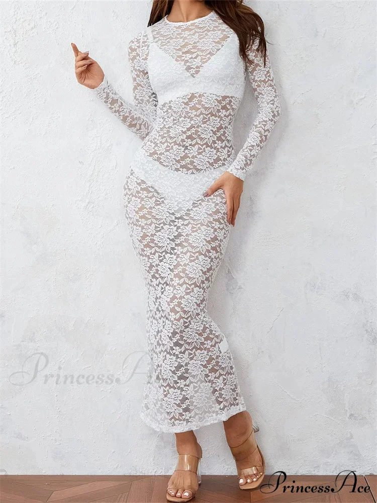 Women Lace Floral See Through Vintage Sleeve Round Neck Solid Back Split Party Female Vestidos - Image 2