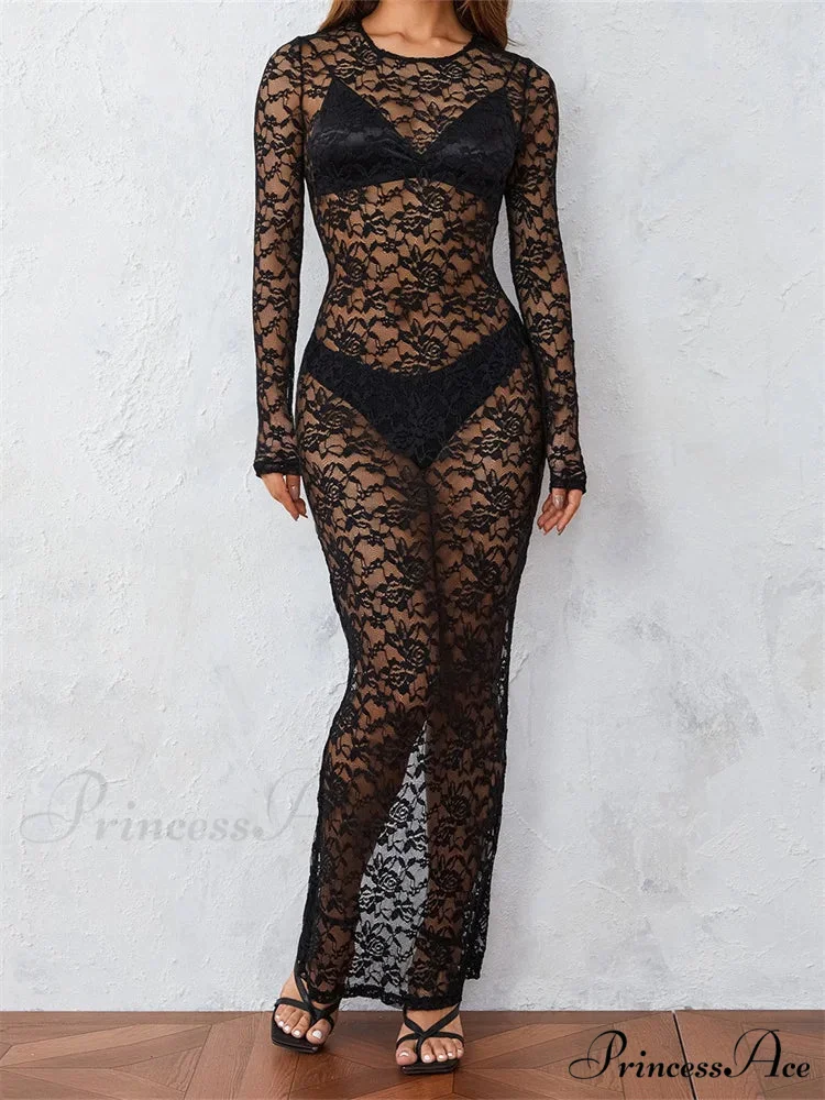 Women Lace Floral See Through Vintage Sleeve Round Neck Solid Back Split Party Female Vestidos - Image 6