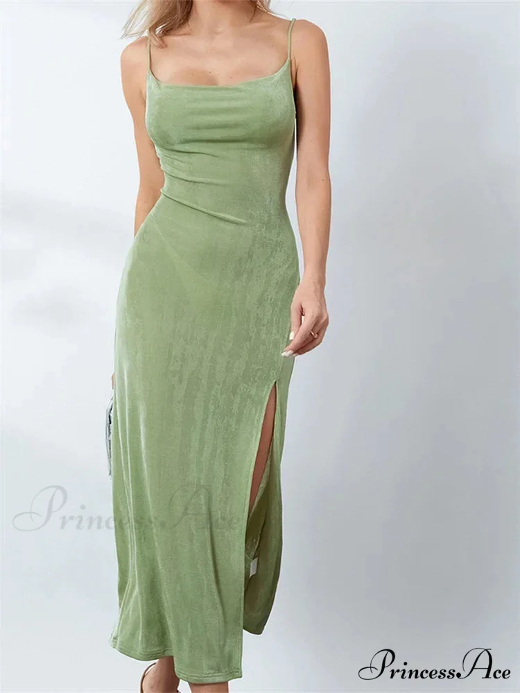 Sexy Women Summer High Split Solid Spaghetti Strap Square Neck Backless Slim Female Vestidos - Image 3
