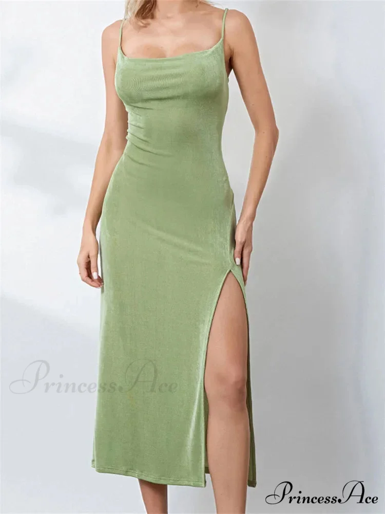 Sexy Women Summer High Split Solid Spaghetti Strap Square Neck Backless Slim Female Vestidos - Image 4