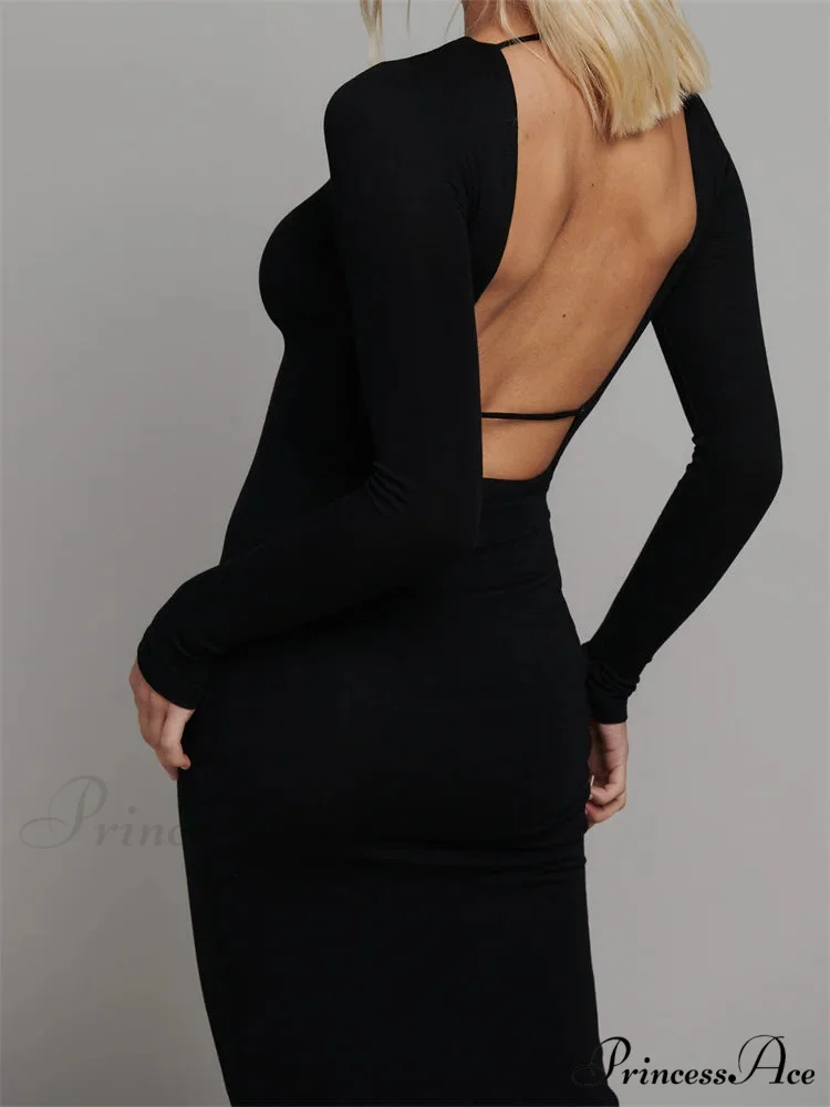 Round Neck Hollow Out Party Clubwear for Women Backless Sleeve Solid Color Slim Fit Vestidos - Image 3