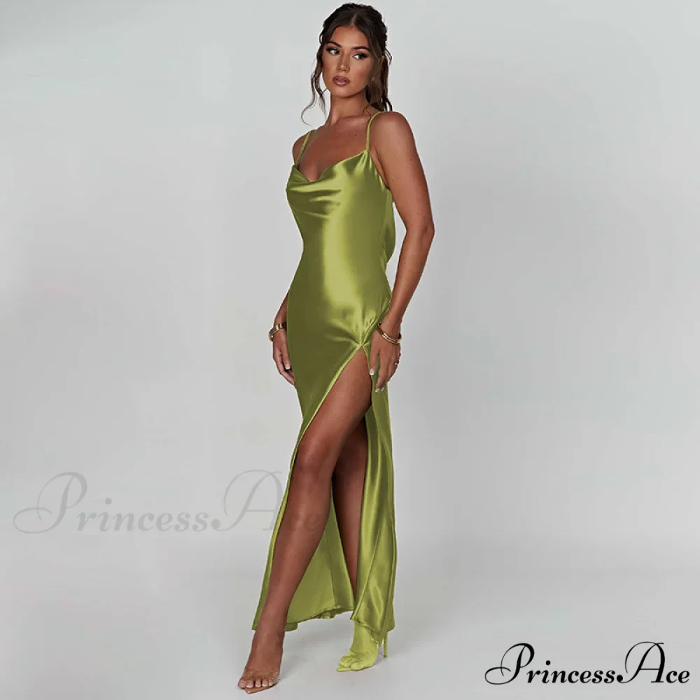 Elegant Women Satin V-neck Low Cut Spaghetti Strap Backless Ruched High Split Party Female Vestidos - Image 11
