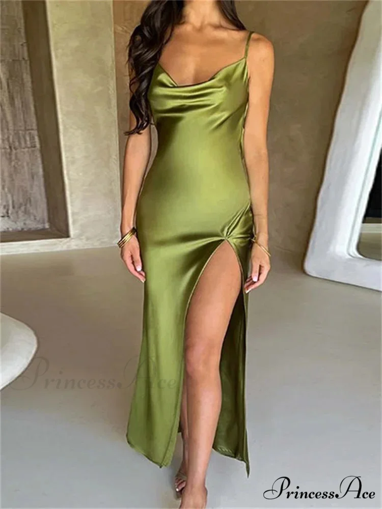Elegant Women Satin V-neck Low Cut Spaghetti Strap Backless Ruched High Split Party Female Vestidos - Image 13