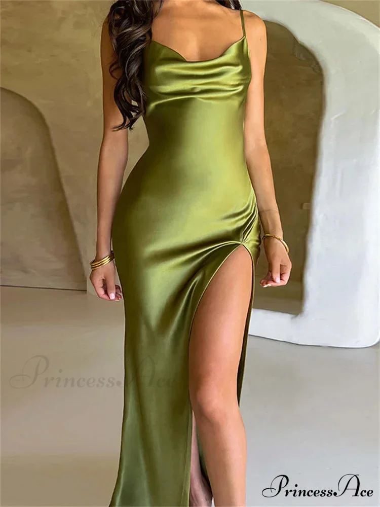 Elegant Women Satin V-neck Low Cut Spaghetti Strap Backless Ruched High Split Party Female Vestidos - Image 14