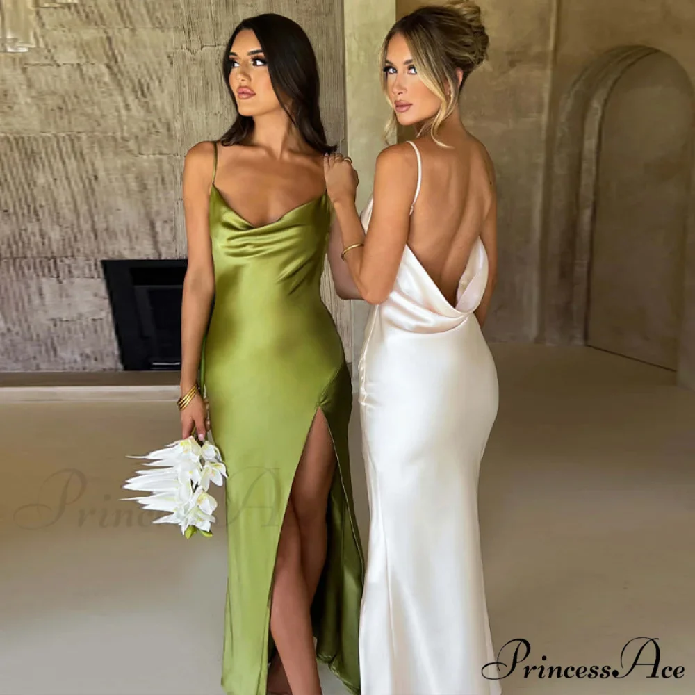 Elegant Women Satin V-neck Low Cut Spaghetti Strap Backless Ruched High Split Party Female Vestidos - Image 2