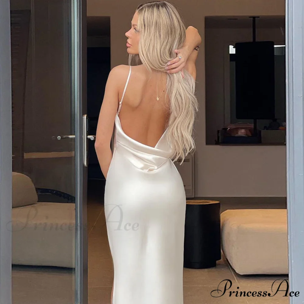 Elegant Women Satin V-neck Low Cut Spaghetti Strap Backless Ruched High Split Party Female Vestidos - Image 4