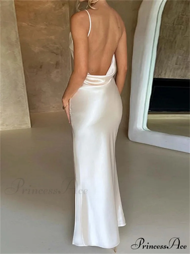 Elegant Women Satin V-neck Low Cut Spaghetti Strap Backless Ruched High Split Party Female Vestidos - Image 7
