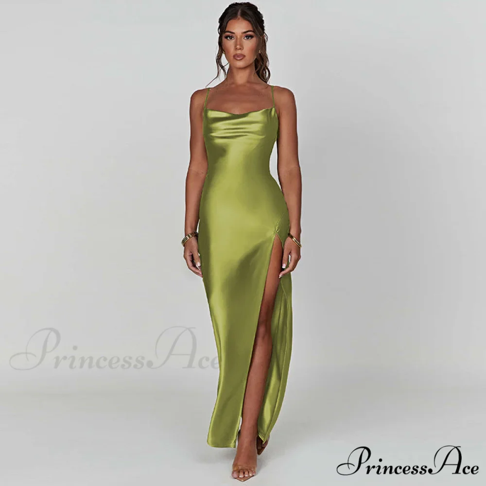 Elegant Women Satin V-neck Low Cut Spaghetti Strap Backless Ruched High Split Party Female Vestidos - Image 9