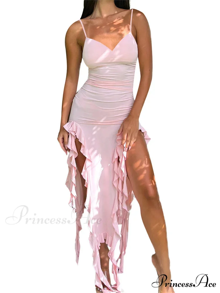 Women Sexy Ruffle Hem Sleeveless Strap Tassels Ruched Bodycon Party V-neck High Split Fairy Vestidos - Image 3