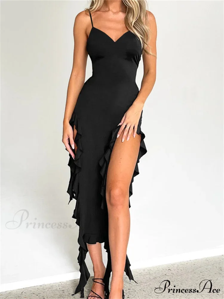 Women Sexy Ruffle Hem Sleeveless Strap Tassels Ruched Bodycon Party V-neck High Split Fairy Vestidos - Image 5
