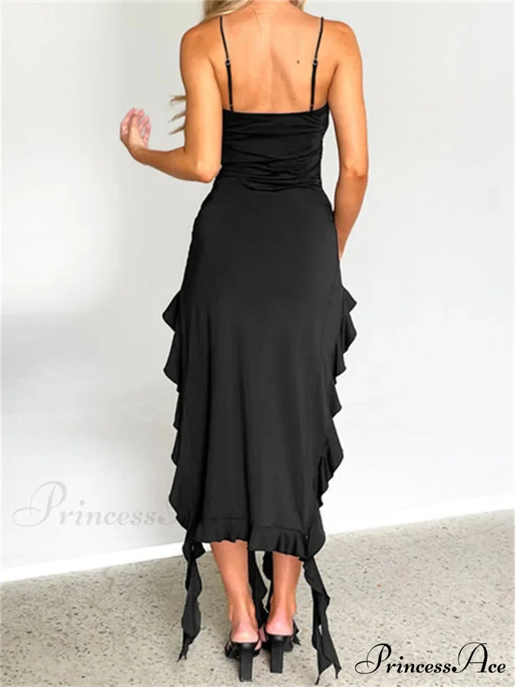Women Sexy Ruffle Hem Sleeveless Strap Tassels Ruched Bodycon Party V-neck High Split Fairy Vestidos - Image 6