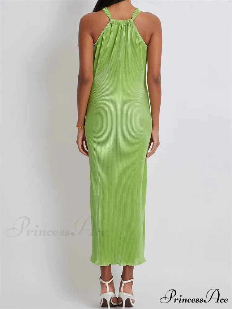 Women Cocktail Solid Color Halter Neck Sleeveless Off Shoulder Ruched Summer Evening Party Vestidos - Image 3